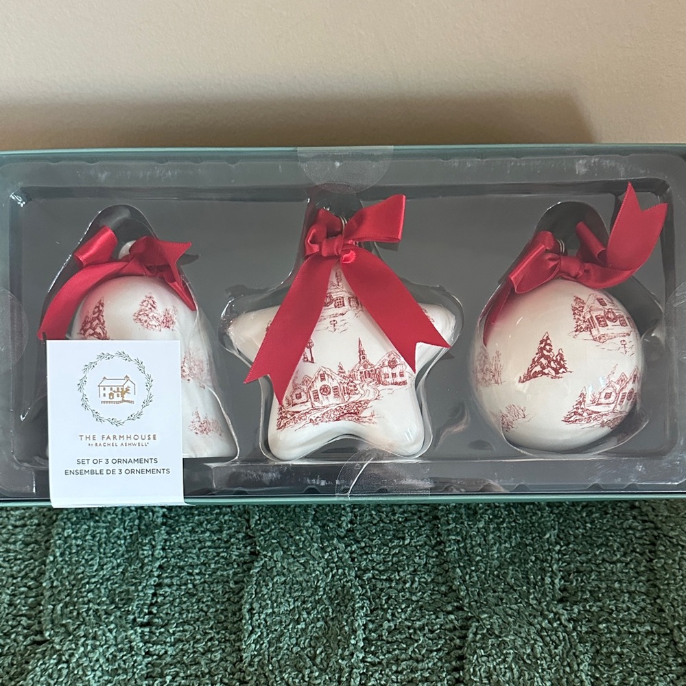The Farmhouse by Rachel Ashwell Holiday Christmas Ornaments Ivory & Red NEW!